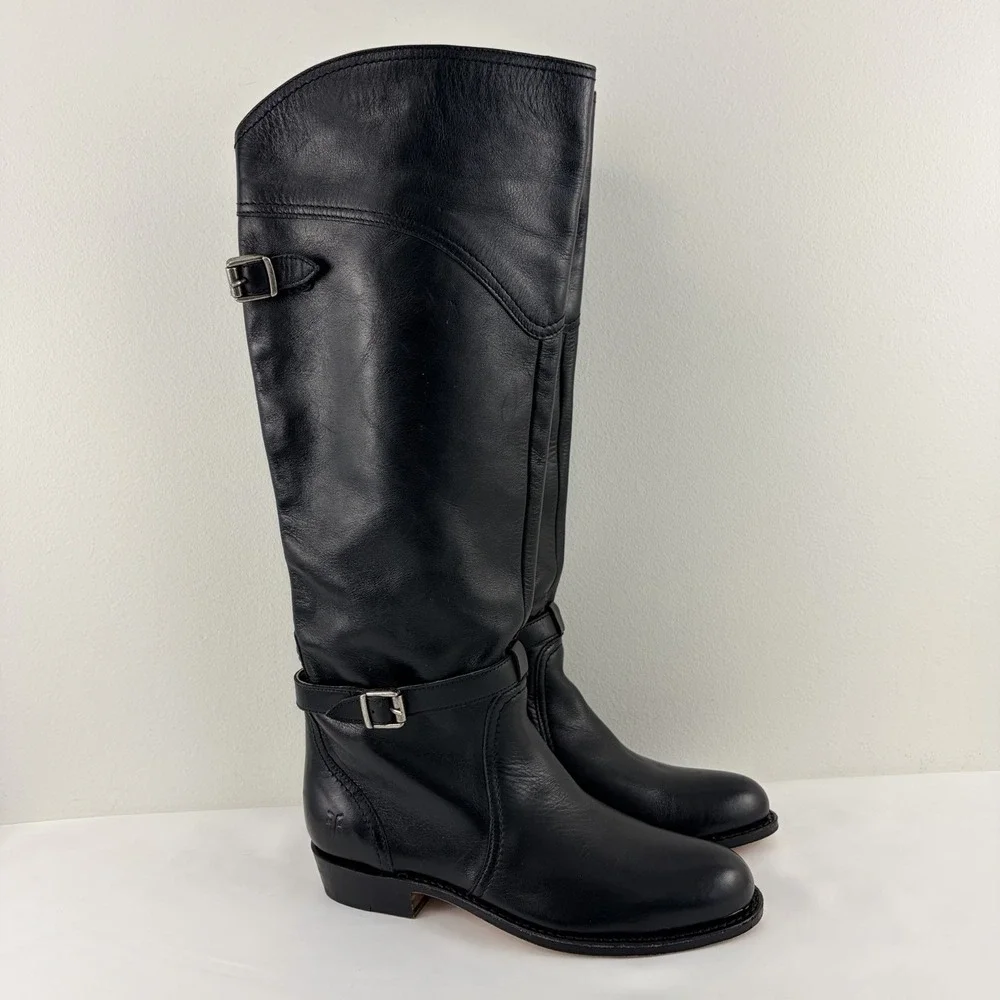 Frye Women Black Leather Riding Boots Knee High Buckle Goodyear Welt Size 6